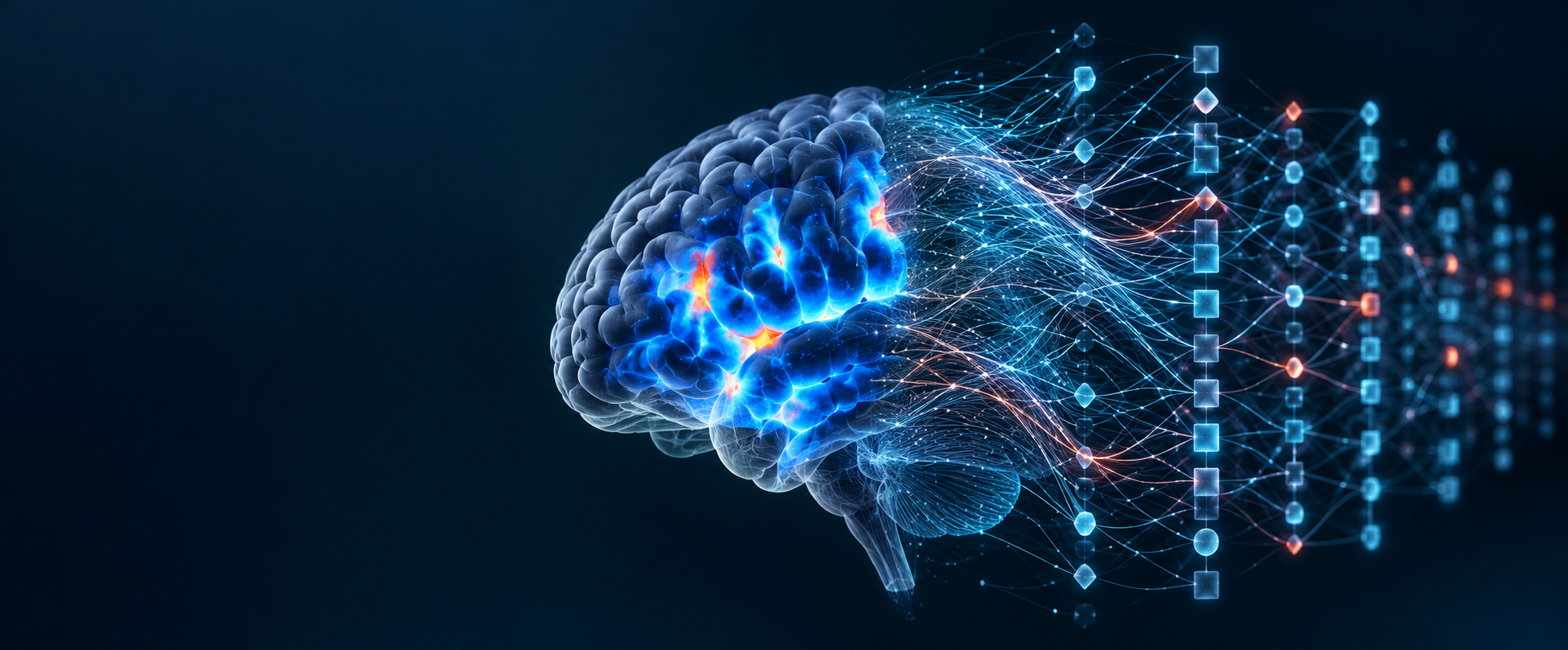 A brain transitioning into an abstract language-model network
